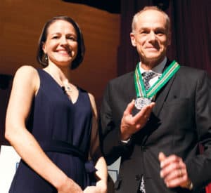 Marcelo Gleiser after receiving the 2019 Templeton Prize from Heather Templeton Dill, President of the John Templeton Foundation.
