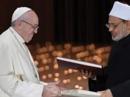 A moment of the signing of the Document on Human Fraternity by Pope Francis and the Grand Imam of Al-Azhar, Ahmed Al-Tayeb;