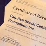 Certificate of Recognition for Pag-Asa Social Center Foundation Inc.
